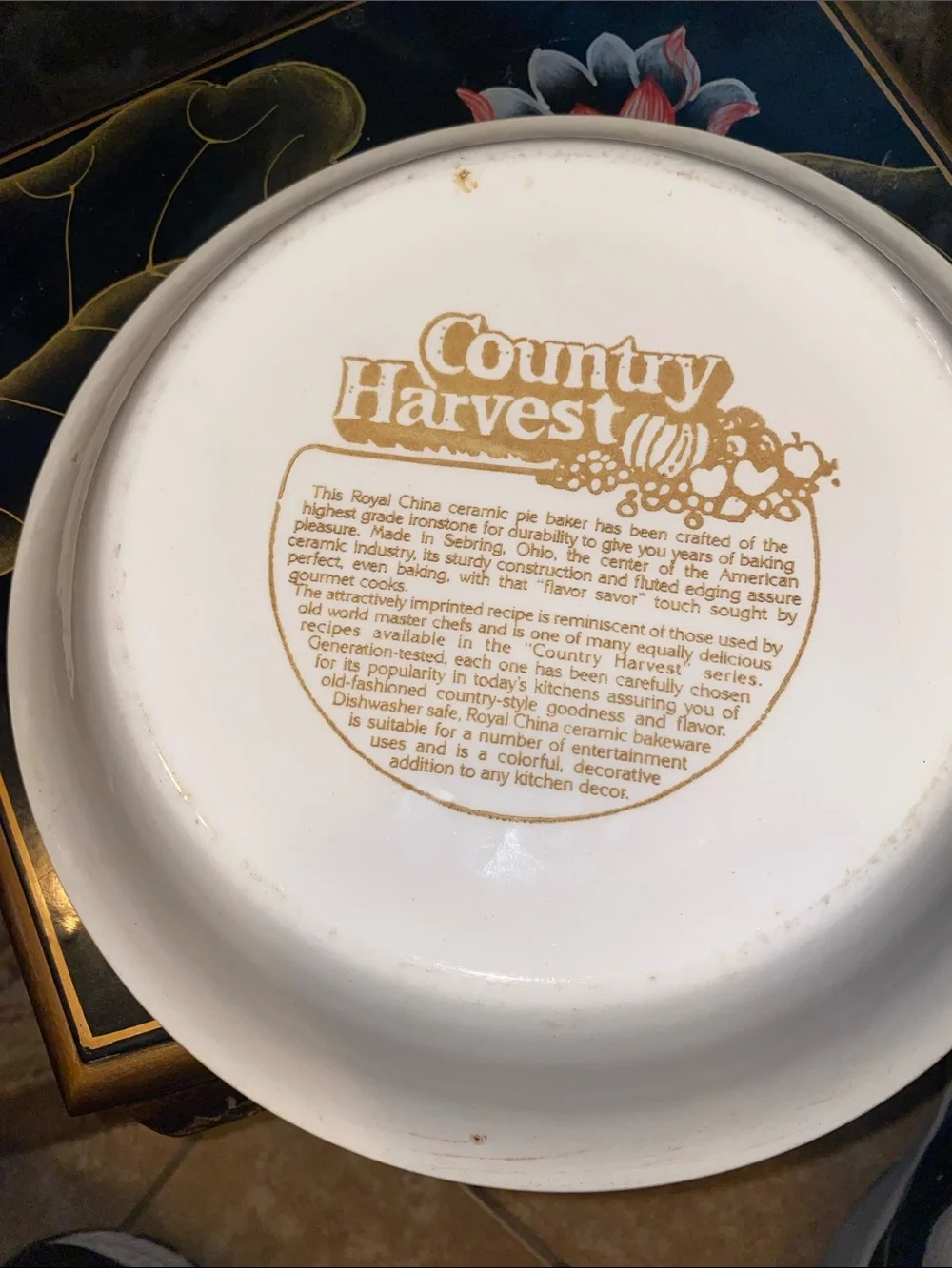 Vintage Pecan Pie Ceramic Pie Plate - White with Brown Graphics